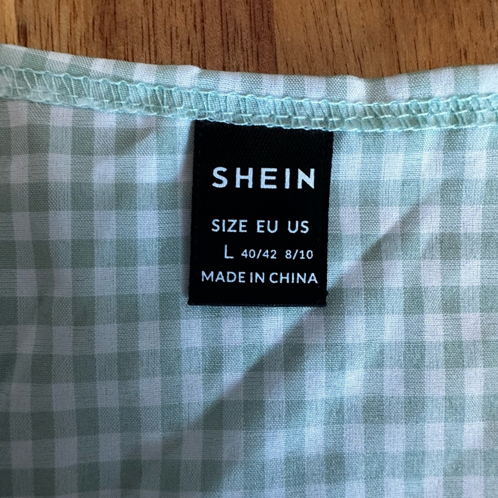 SHEIN Light Green‎ White Gingham Puff Sleeve Blouse size Large - Picture 10 of 10